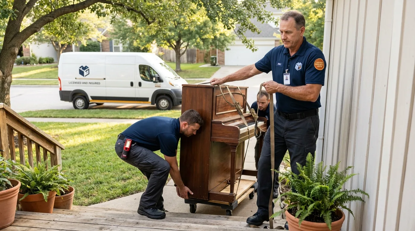 Licensed piano movers securing grand piano in Hailey, ID