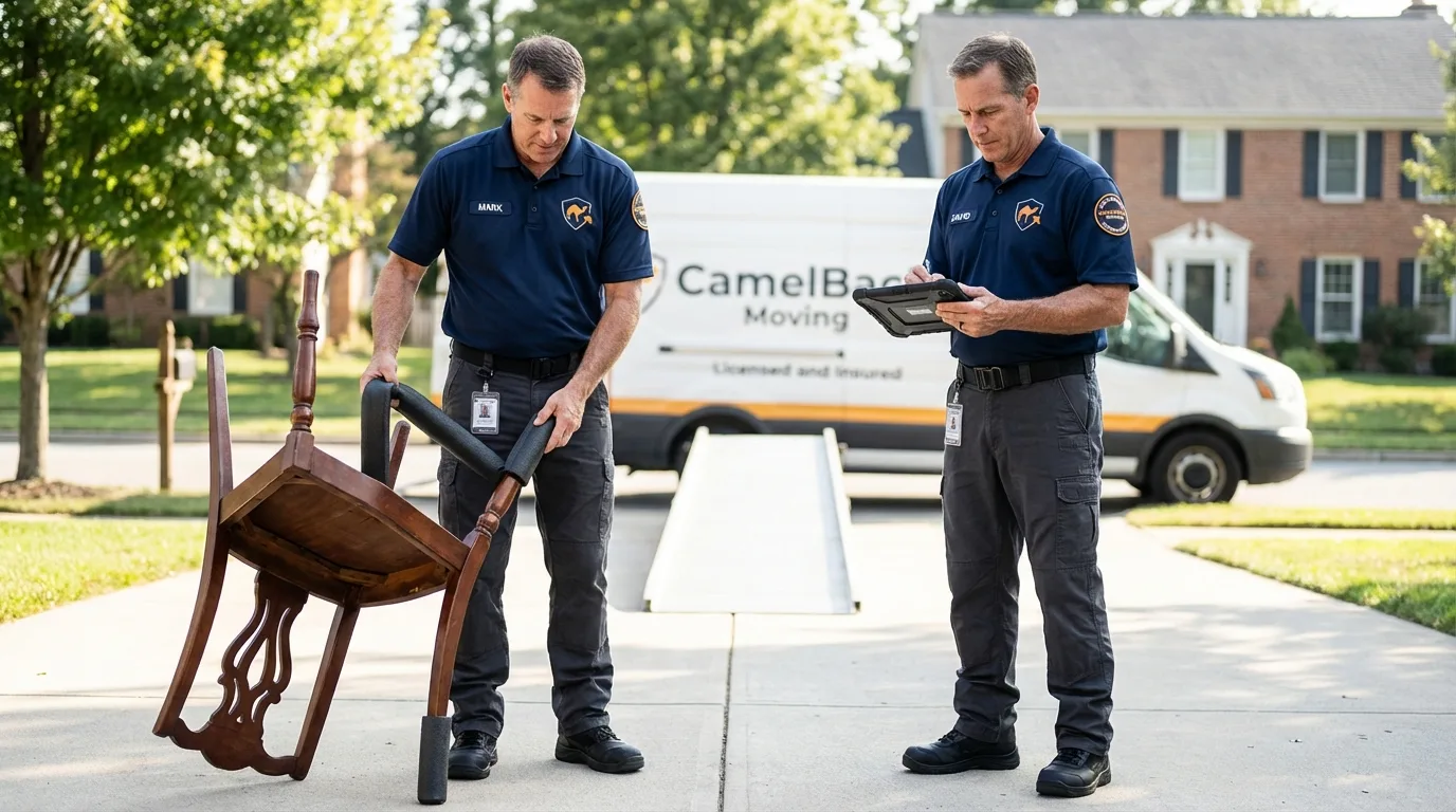 Movers inspecting furniture for damage prevention before loading in Hailey, ID
